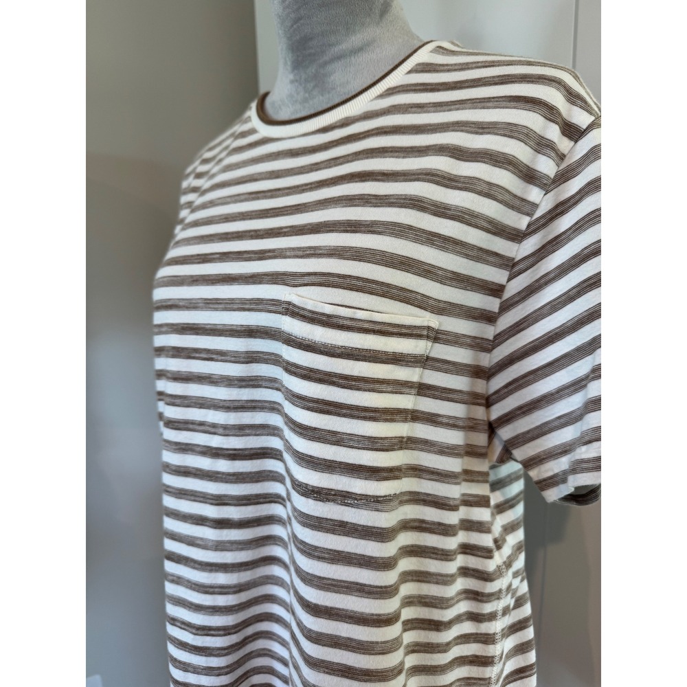 Cremieux Mens Large Striped Pocket T-Shirt Brown White Cotton Short Sleeve Tee - Picture 3 of 5